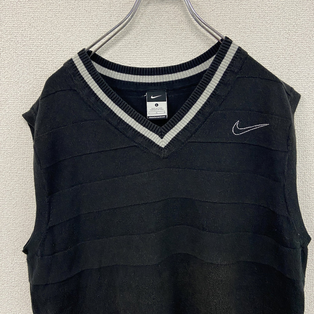 NIKE　ナイキ　コットンニットベスト　スウッシュ　デカロゴ　黒　ブラック　Lサイズ