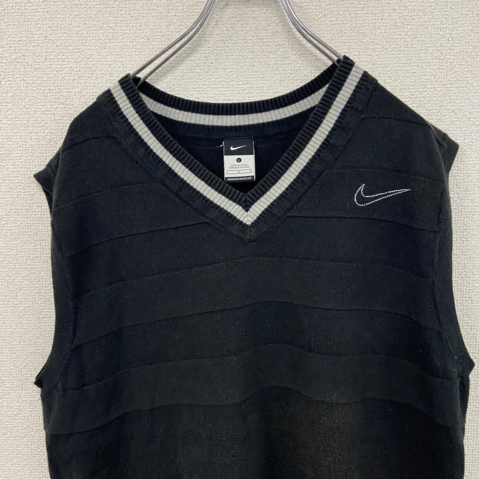 NIKE　ナイキ　コットンニットベスト　スウッシュ　デカロゴ　黒　ブラック　Lサイズ