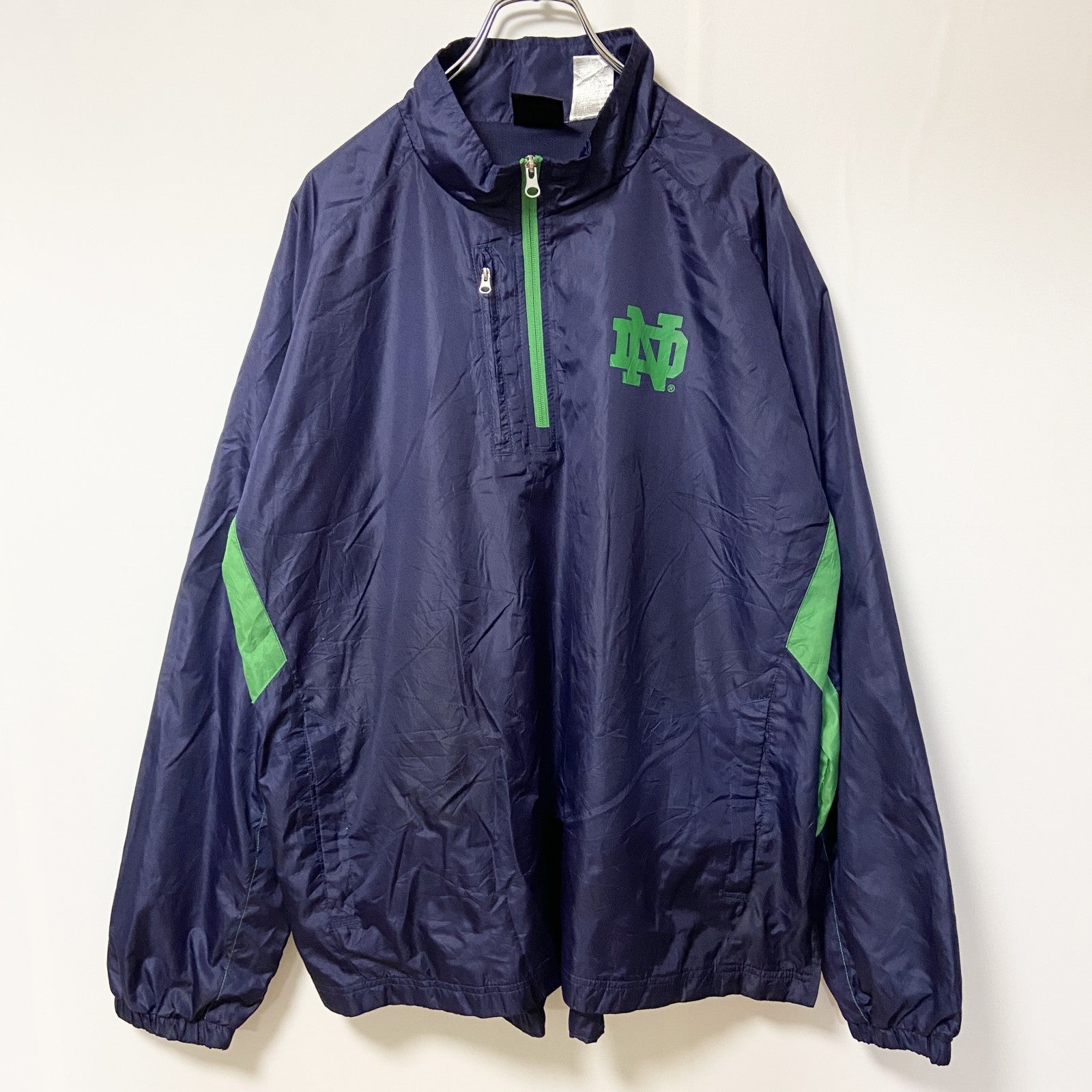 古着 used　Genuine stuff 　長袖ハーフジップナイロンプルオーバー　ワンポイントロゴ　ネイビー　緑　XLサイズ