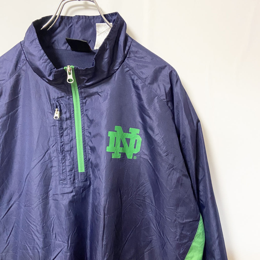 古着 used　Genuine stuff 　長袖ハーフジップナイロンプルオーバー　ワンポイントロゴ　ネイビー　緑　XLサイズ