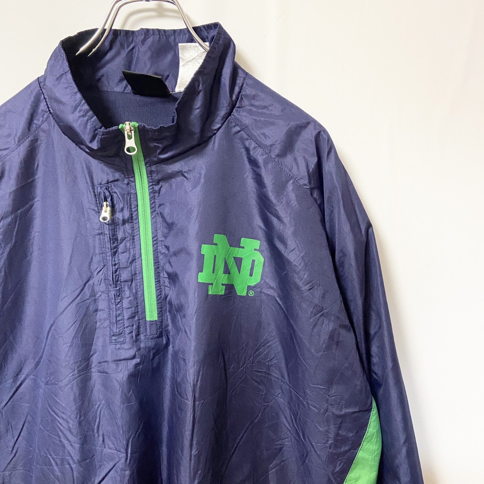 古着 used　Genuine stuff 　長袖ハーフジップナイロンプルオーバー　ワンポイントロゴ　ネイビー　緑　XLサイズ