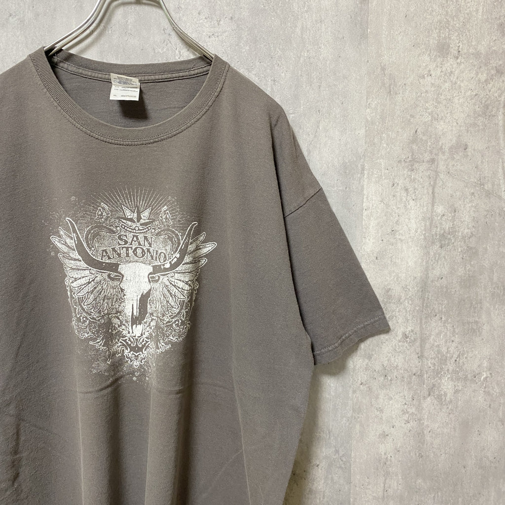 古着 used　GILDAN　ギルダン　半袖プリントTシャツ　グレー　レトロ　デザイン　個性的　クルーネック　オーバーサイズ