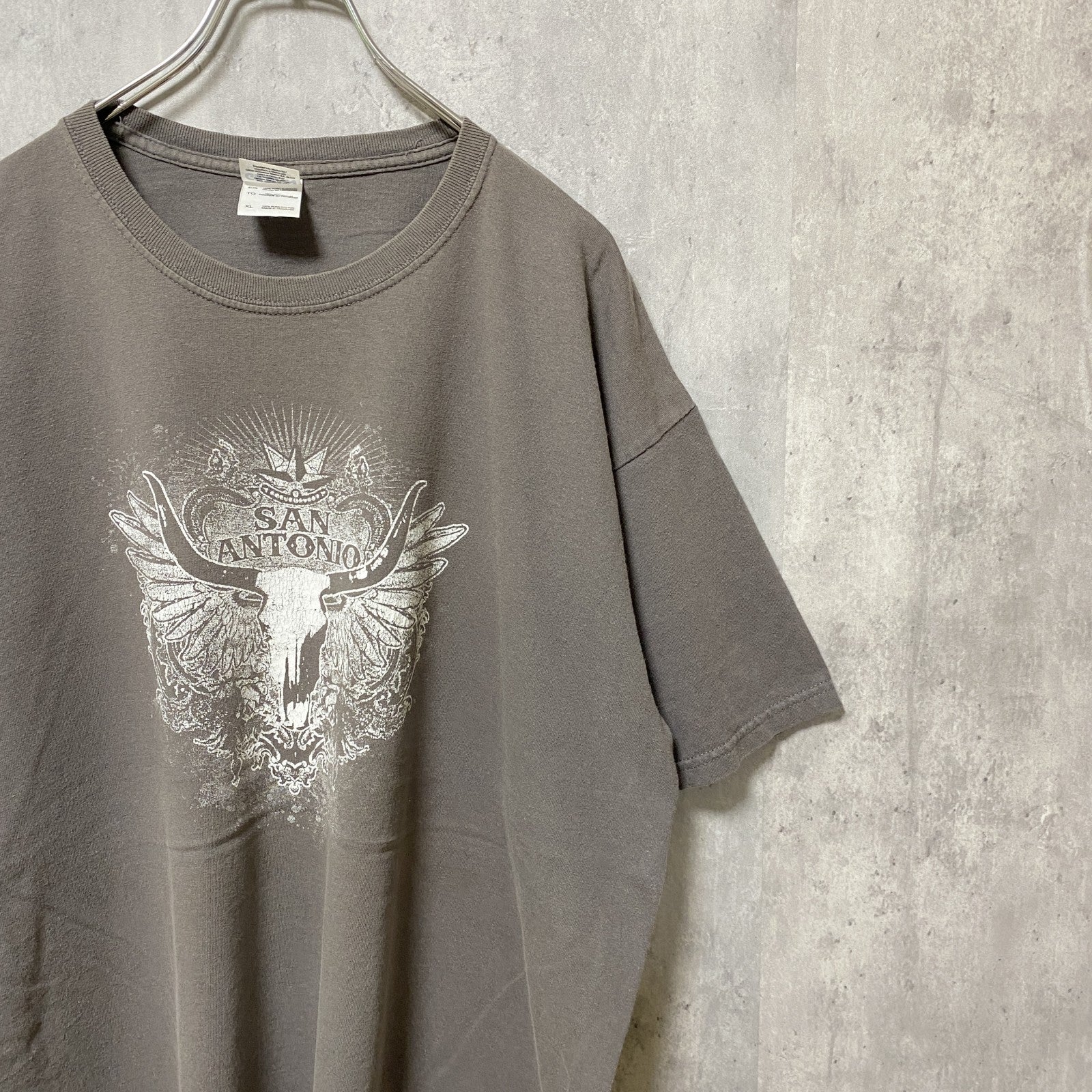 古着 used　GILDAN　ギルダン　半袖プリントTシャツ　グレー　レトロ　デザイン　個性的　クルーネック　オーバーサイズ