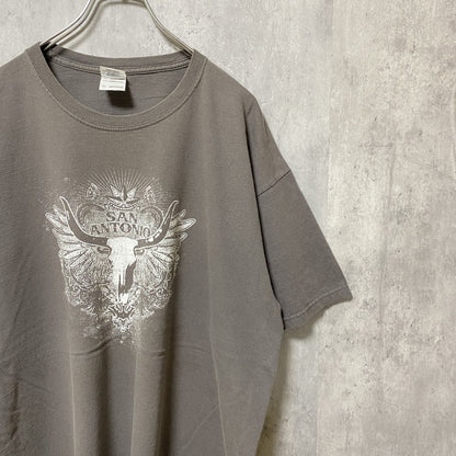 古着 used　GILDAN　ギルダン　半袖プリントTシャツ　グレー　レトロ　デザイン　個性的　クルーネック　オーバーサイズ