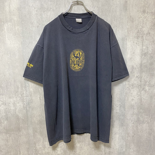 ONE UNION　半袖プリントTシャツ　フェード　アーチプリント　3連プリント　両面プリント　クルーネック　紺　ネイビー