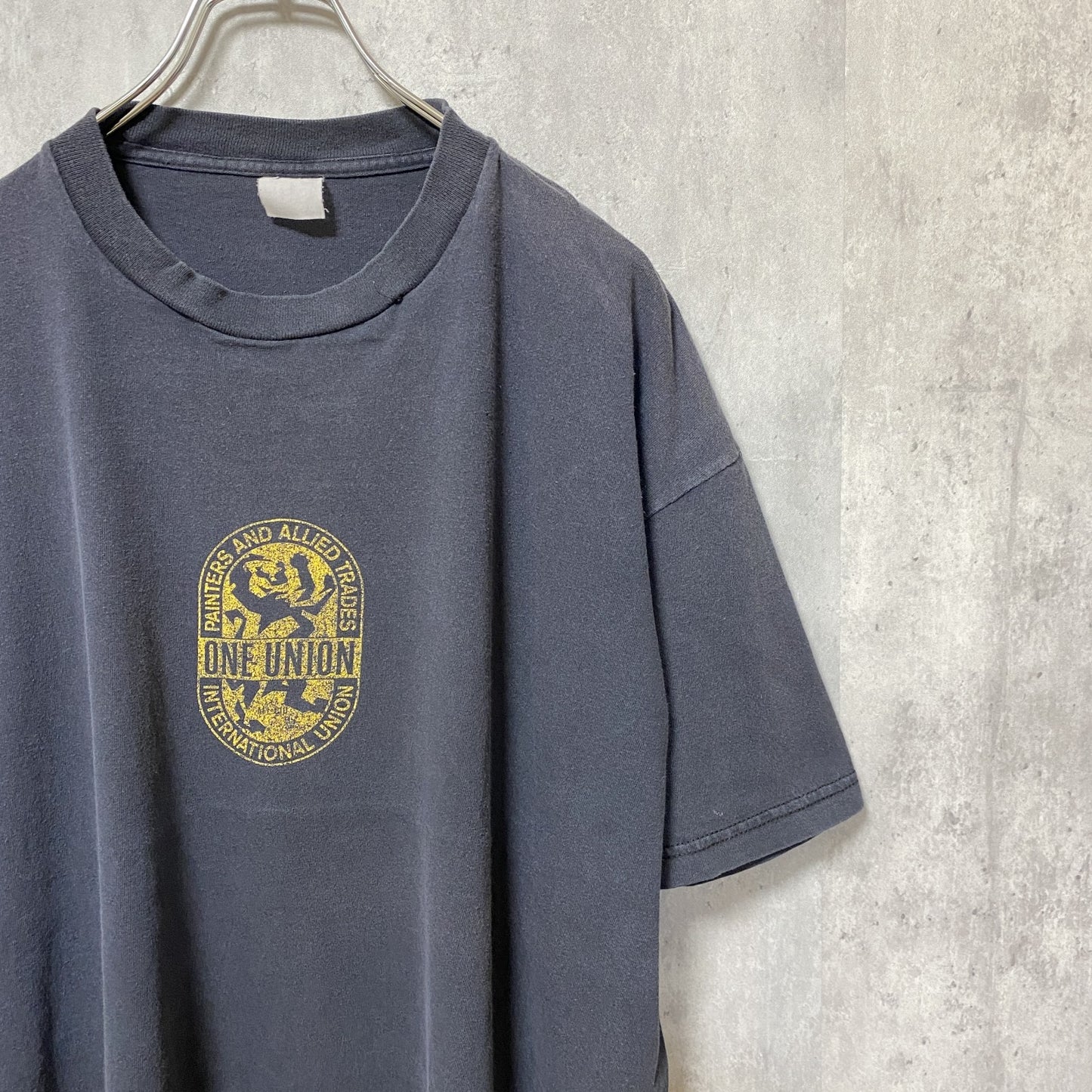 ONE UNION　半袖プリントTシャツ　フェード　アーチプリント　3連プリント　両面プリント　クルーネック　紺　ネイビー