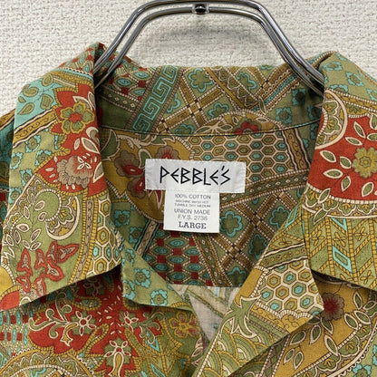 PEBBLES　半袖開襟シャツ/アロハシャツ　総柄　カーキ　Lサイズ