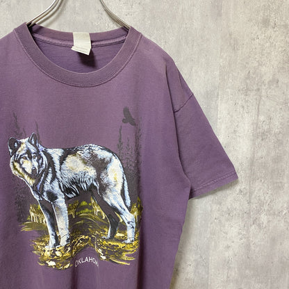 古着 used　GILDAN　ギルダン　狼　半袖アニマル柄プリントTシャツ　紫　パープル　レトロ　デザイン　クルーネック　Lサイズ