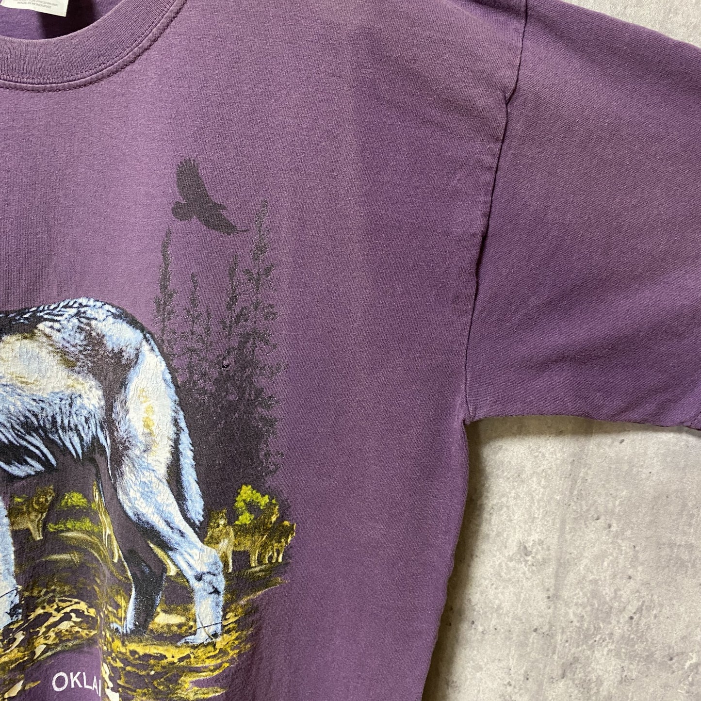 古着 used　GILDAN　ギルダン　狼　半袖アニマル柄プリントTシャツ　紫　パープル　レトロ　デザイン　クルーネック　Lサイズ