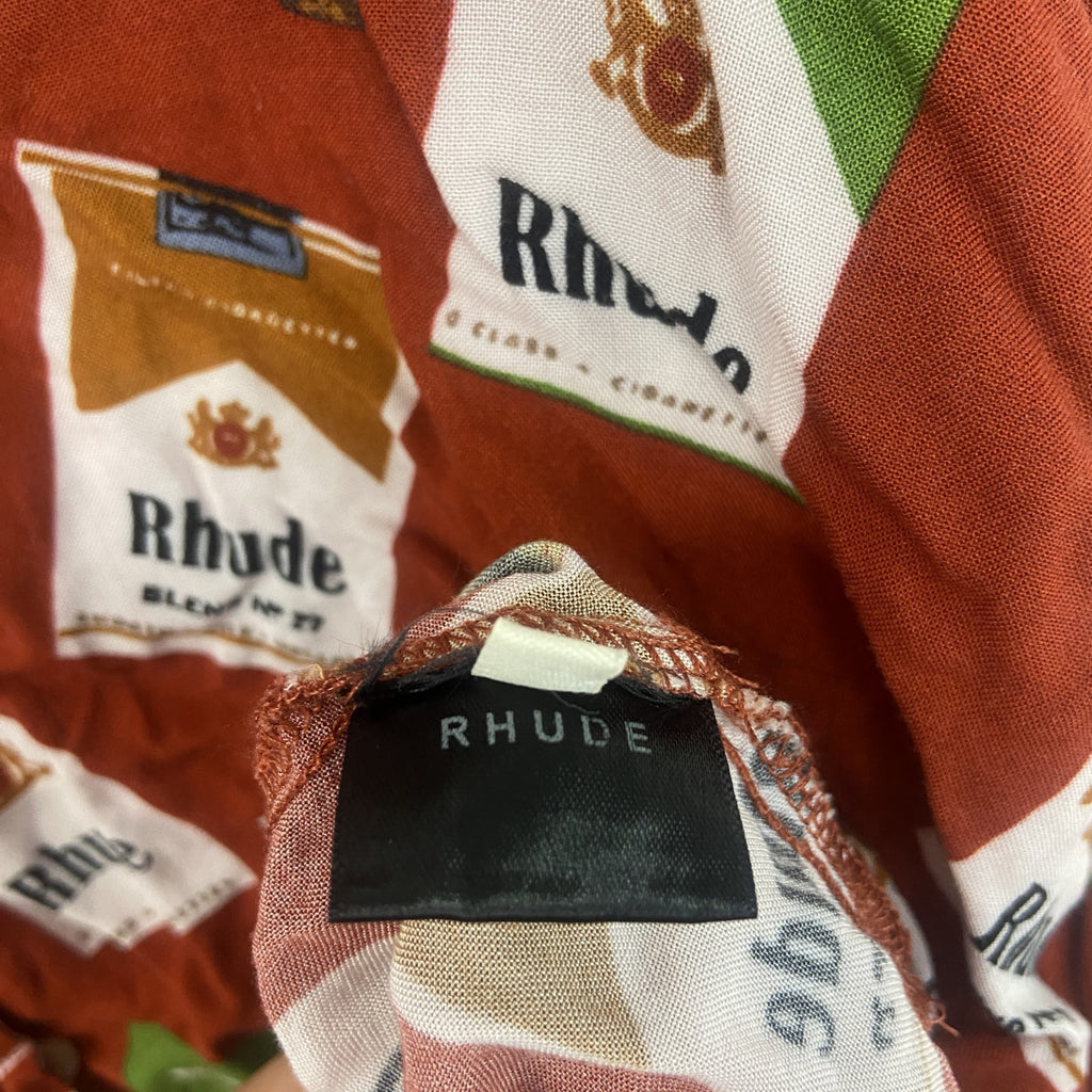 古着 used　Rhude　ルード　半袖オープンカラーシャツ　総柄開襟シャツ　USA製　レーヨン100％　赤　レッド　Lサイズ