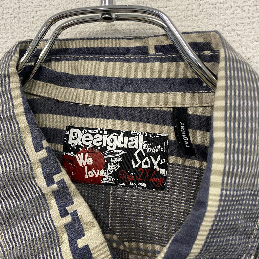 Desigual　デシグアル　長袖パッチワークシャツ　チェック柄　グレー　紺　ネイビー　2XLサイズ
