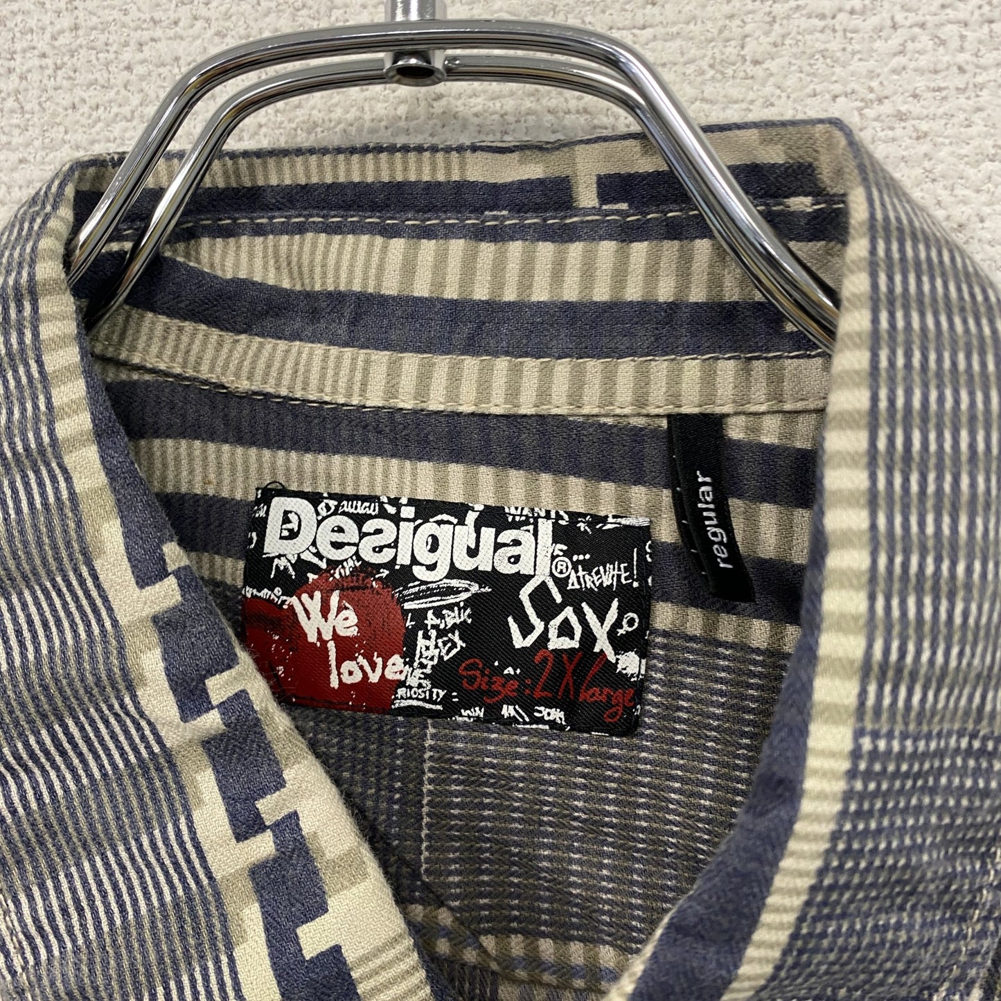 Desigual　デシグアル　長袖パッチワークシャツ　チェック柄　グレー　紺　ネイビー　2XLサイズ