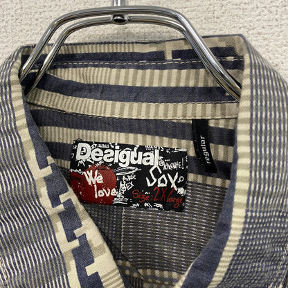 Desigual　デシグアル　長袖パッチワークシャツ　チェック柄　グレー　紺　ネイビー　2XLサイズ