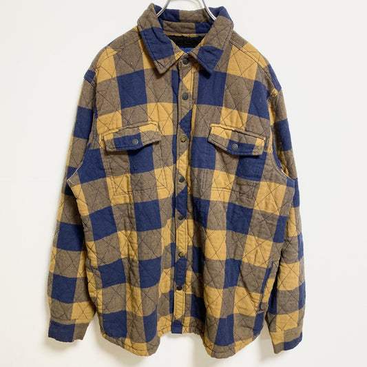 古着 used　GEORGE　長袖チェック柄シャツジャケット　黄色　ネイビー　秋冬服　レトロ　Lサイズ