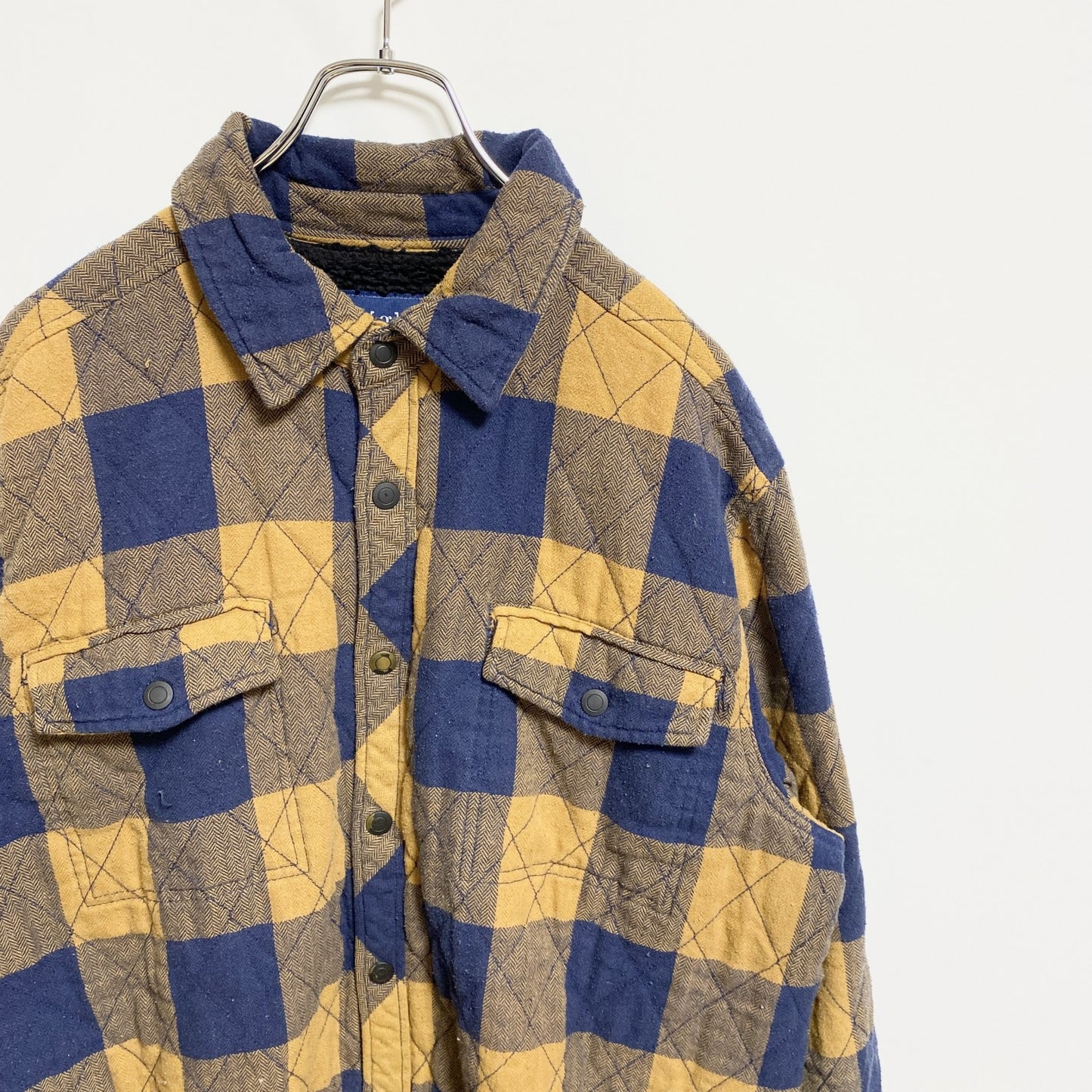 古着 used　GEORGE　長袖チェック柄シャツジャケット　黄色　ネイビー　秋冬服　レトロ　Lサイズ