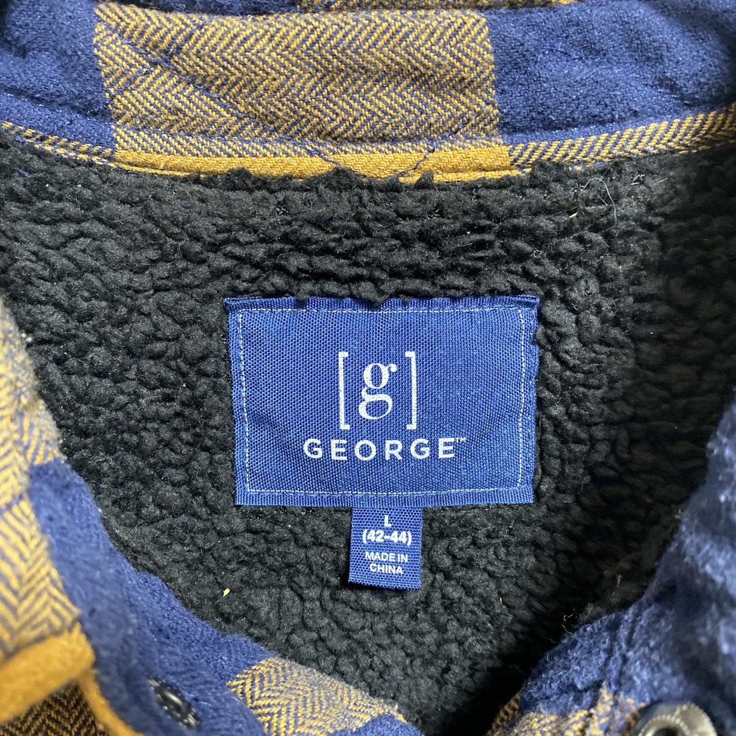 古着 used　GEORGE　長袖チェック柄シャツジャケット　黄色　ネイビー　秋冬服　レトロ　Lサイズ