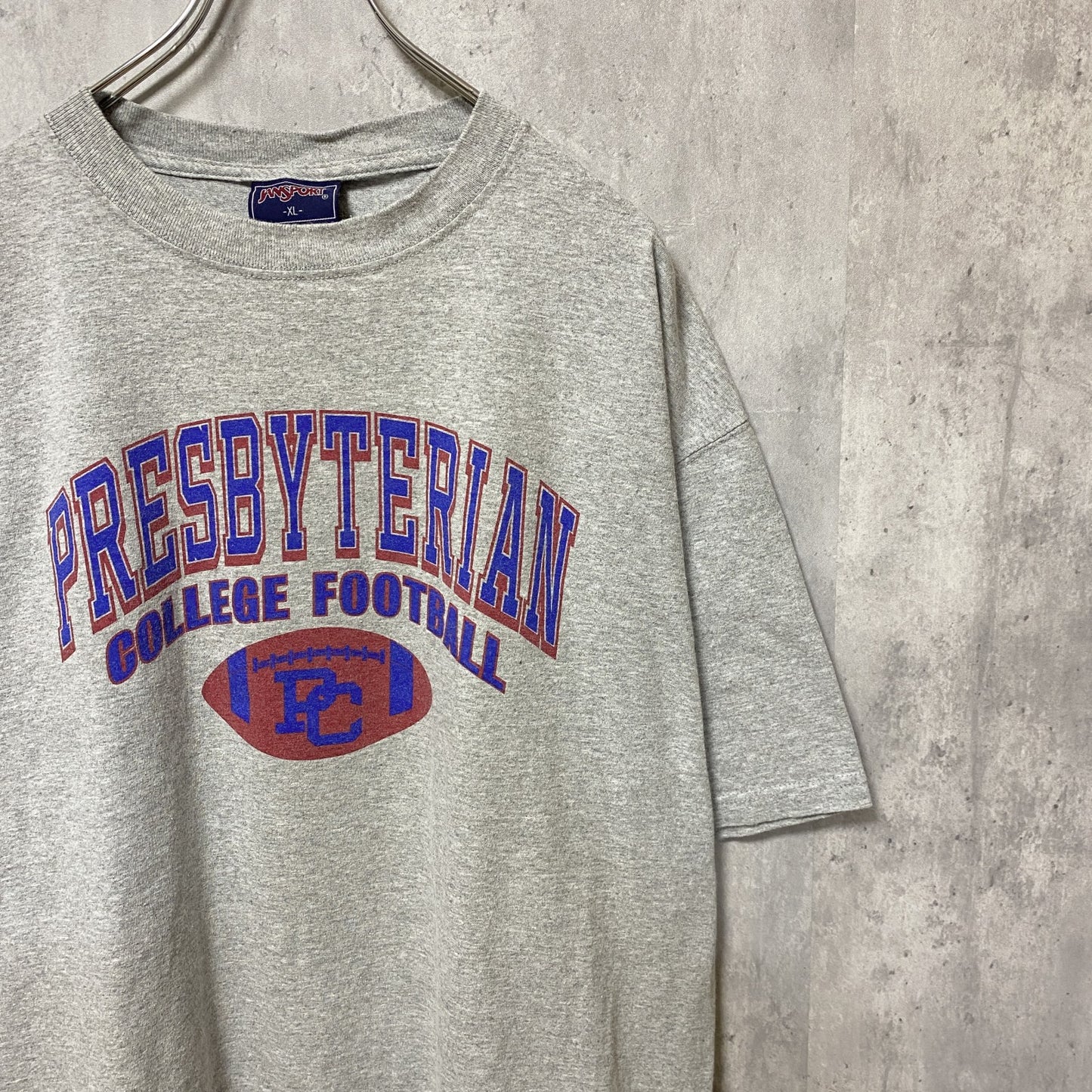 古着 used　JANSPORT　PRESBYTERIAN　アメフト　半袖カレッジプリントTシャツ　グレー　オーバーサイズ