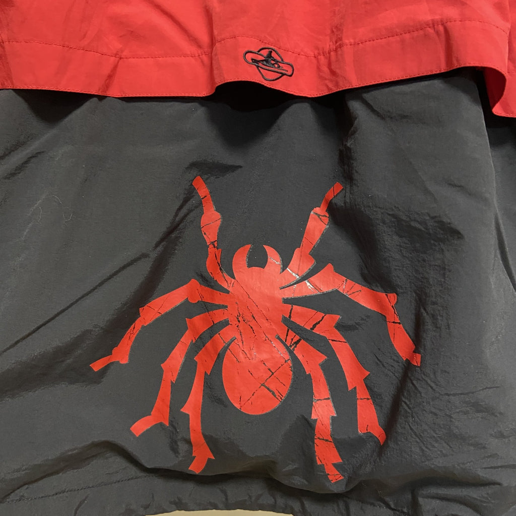 古着 used　長袖ワンポイント刺繍ナイロンジャケット　ライトアウター　バックプリント　レトロ　背番号　蜘蛛　赤　黒　XLサイズ