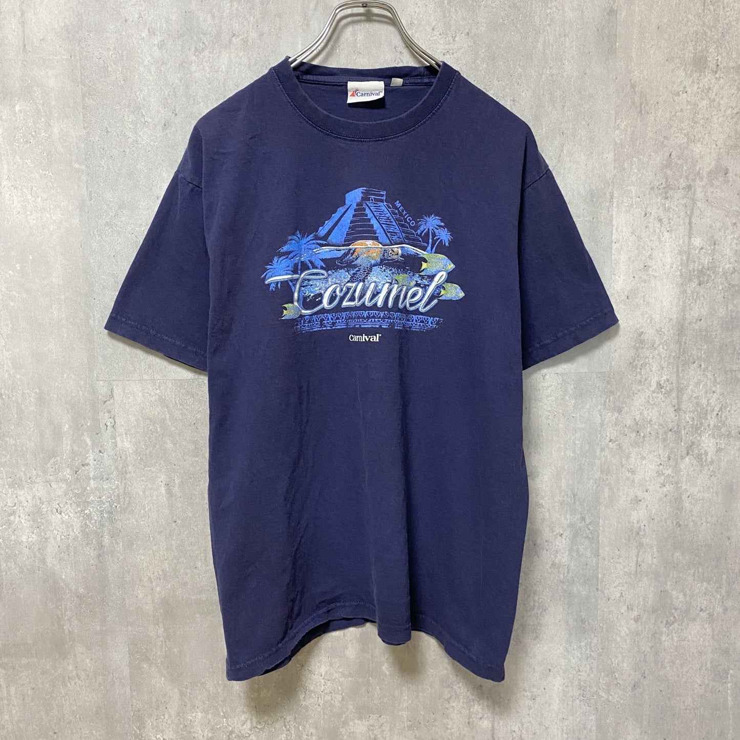 古着 used　COZUMEL　半袖プリントTシャツ　ネイビー　紺　レトロ　デザイン　個性的　クルーネック　春夏服　Lサイズ