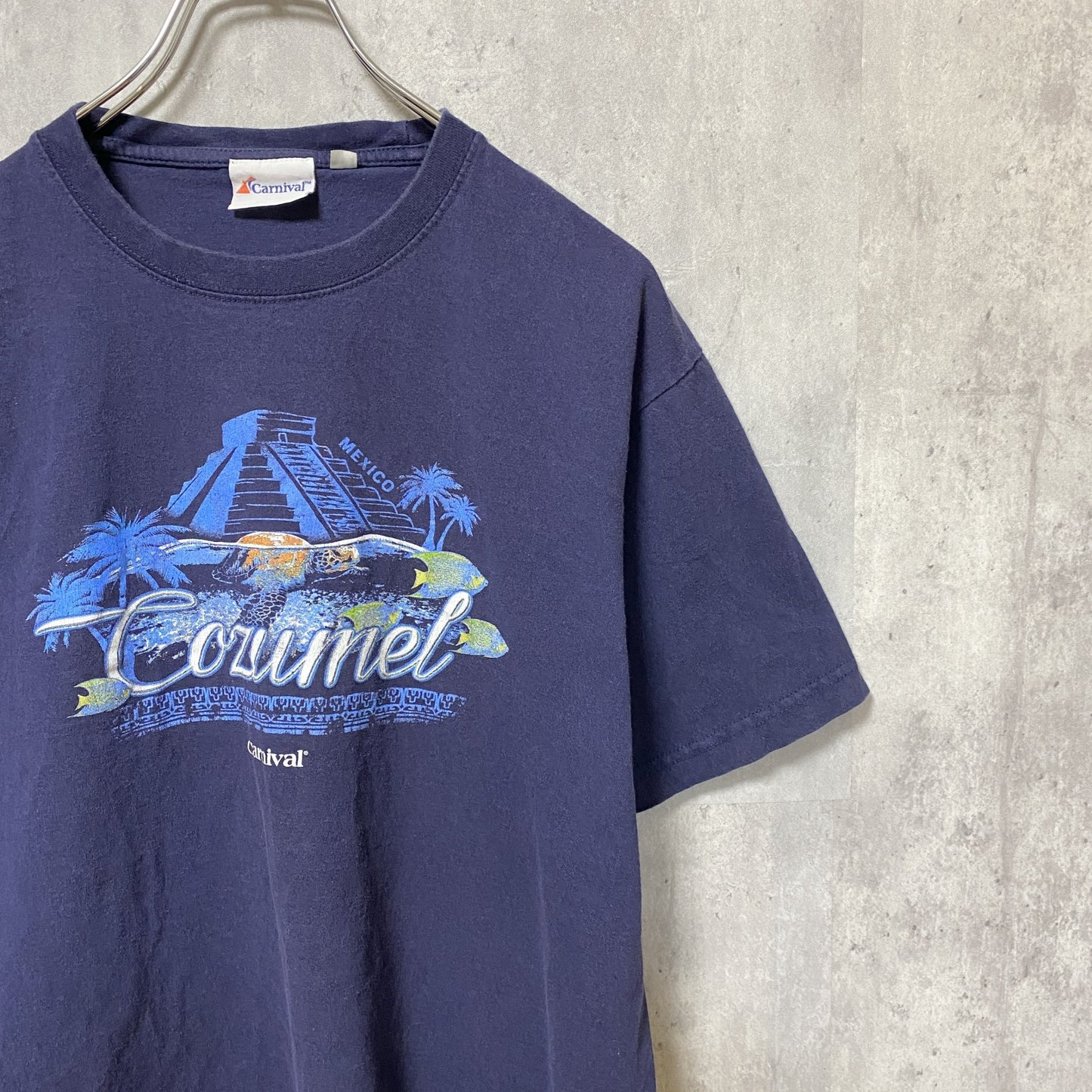 古着 used　COZUMEL　半袖プリントTシャツ　ネイビー　紺　レトロ　デザイン　個性的　クルーネック　春夏服　Lサイズ