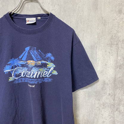 古着 used　COZUMEL　半袖プリントTシャツ　ネイビー　紺　レトロ　デザイン　個性的　クルーネック　春夏服　Lサイズ