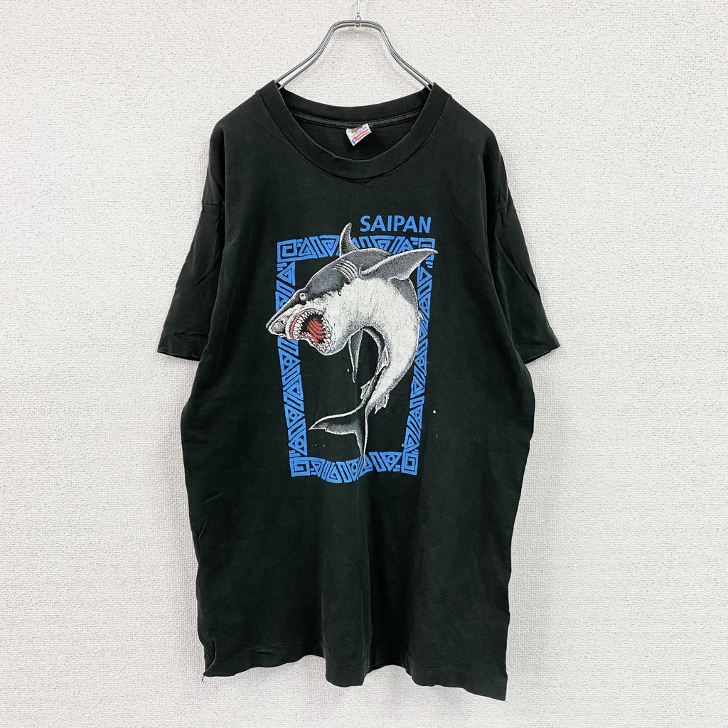 90s　FRUIT OF THE LOOM　フルーツオブザルーム　半袖プリントスーベニアTシャツ　アニマル　サメ　シングルステッチ　ヴィンテージ　黒　ブラック　Lサイズ