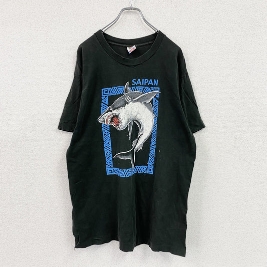 90s　FRUIT OF THE LOOM　フルーツオブザルーム　半袖プリントスーベニアTシャツ　アニマル　サメ　シングルステッチ　ヴィンテージ　黒　ブラック　Lサイズ