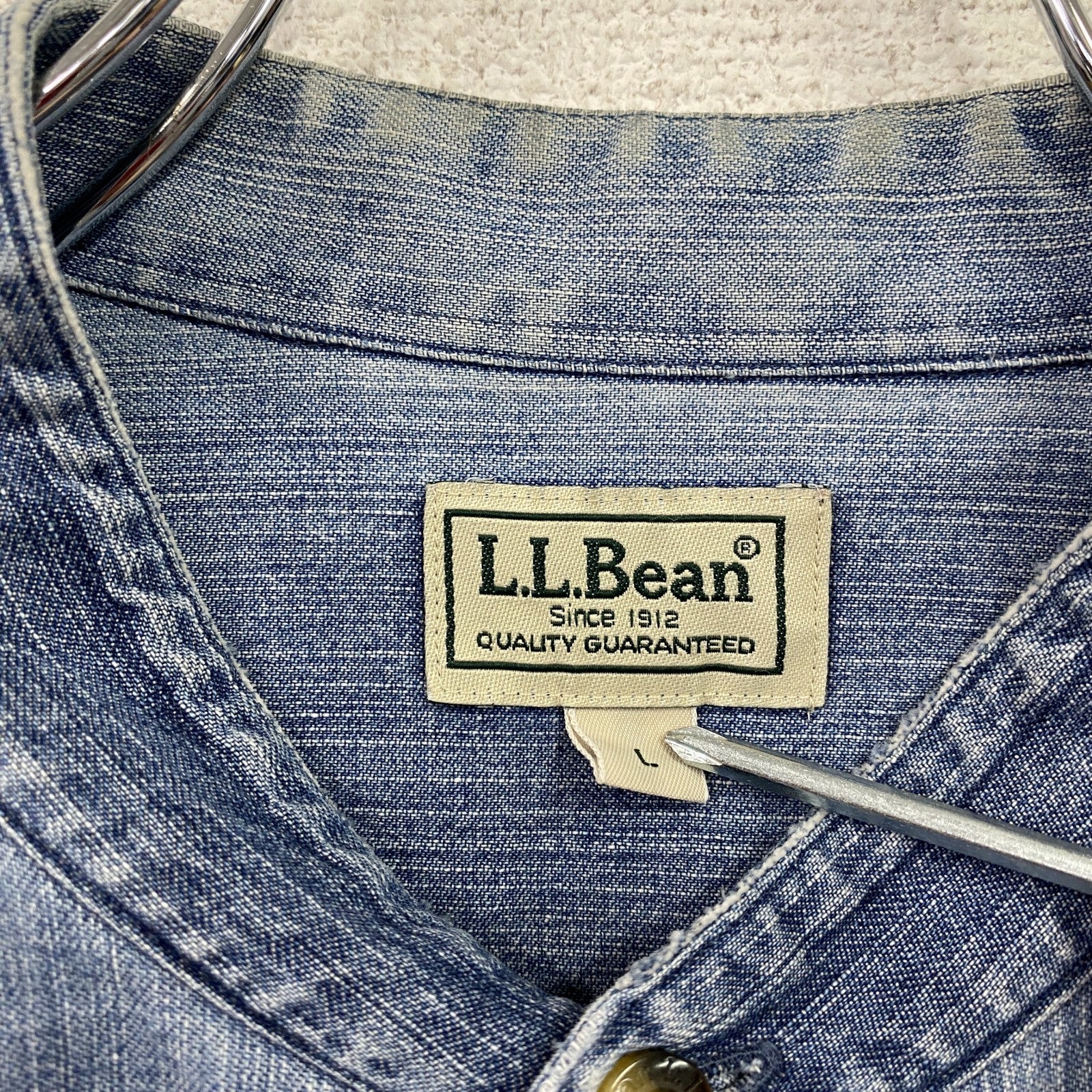 L.L.Bean　エルエルビーン　長袖ノーカラーデニムシャツ　インディゴ　Lサイズ
