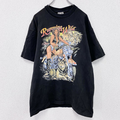 90s　CMJ　半袖プリントTシャツ　アニマルT　シングルステッチ　ヴィンテージ　黒　ブラック　Lサイズ