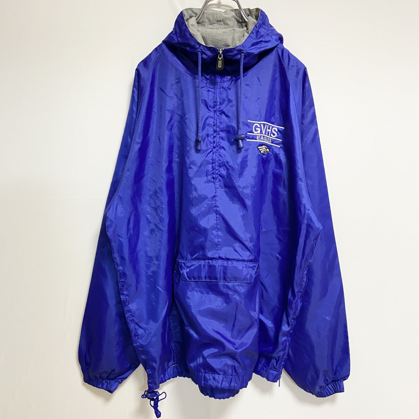 古着 used　GTM　長袖ハーフジップナイロンプルオーバー　アノラック　ワンポイント刺繍　GVHS EAGLES　青　Lサイズ