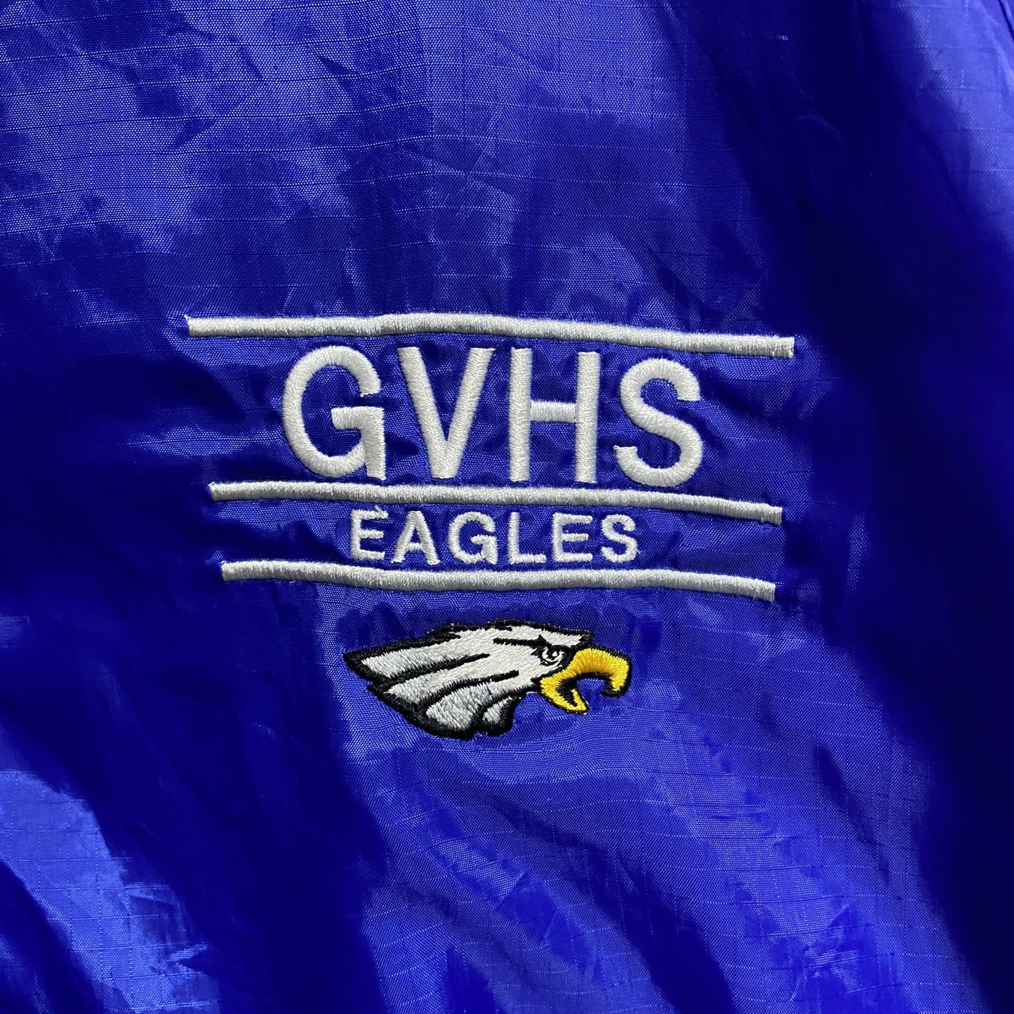 古着 used　GTM　長袖ハーフジップナイロンプルオーバー　アノラック　ワンポイント刺繍　GVHS EAGLES　青　Lサイズ