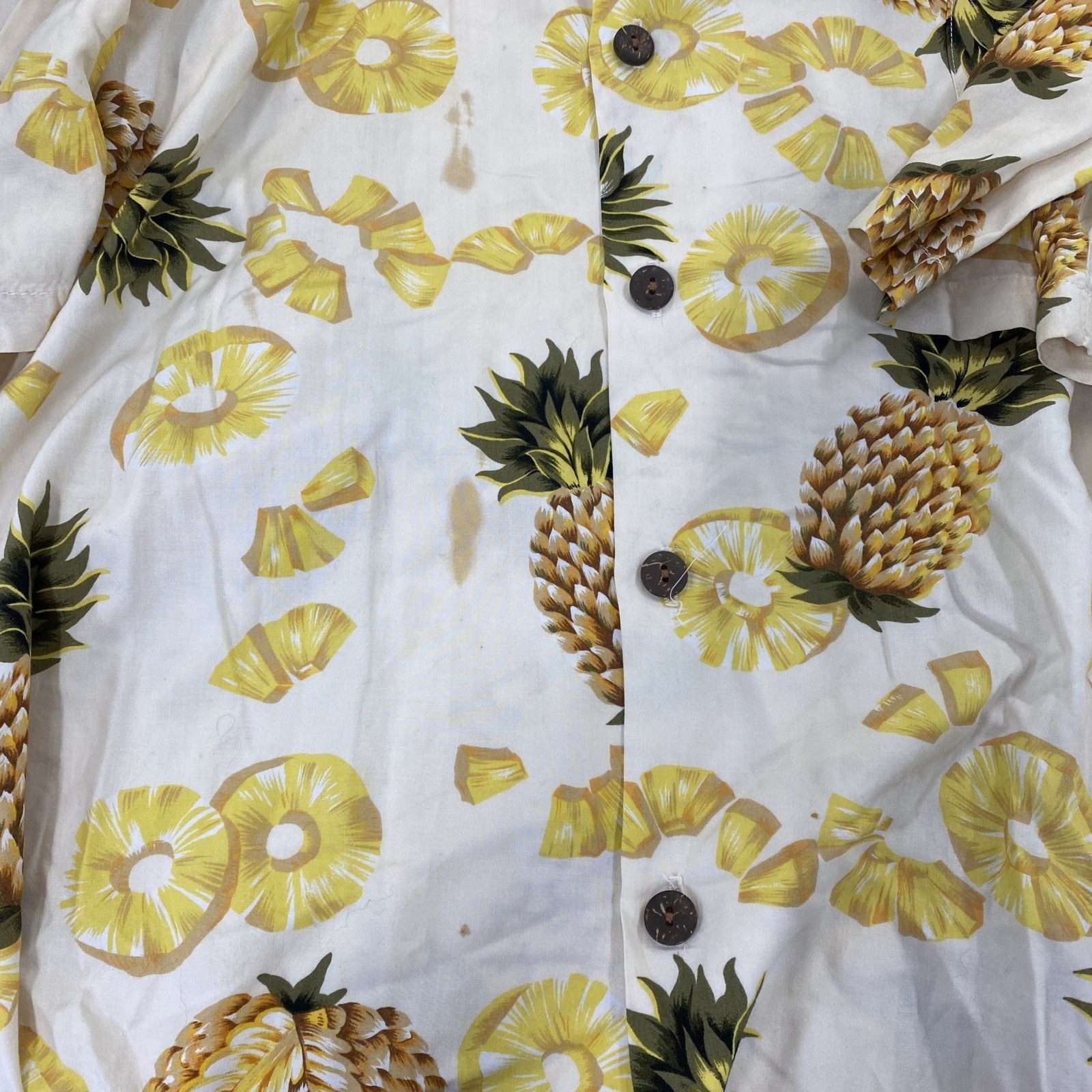 90s～　Hilo Hattie　ヒロッティ　HAWAIIAN　ハワイアン　半袖開襟アロハシャツ　パイナップル柄　ヴィンテージ　総柄　ベージュ