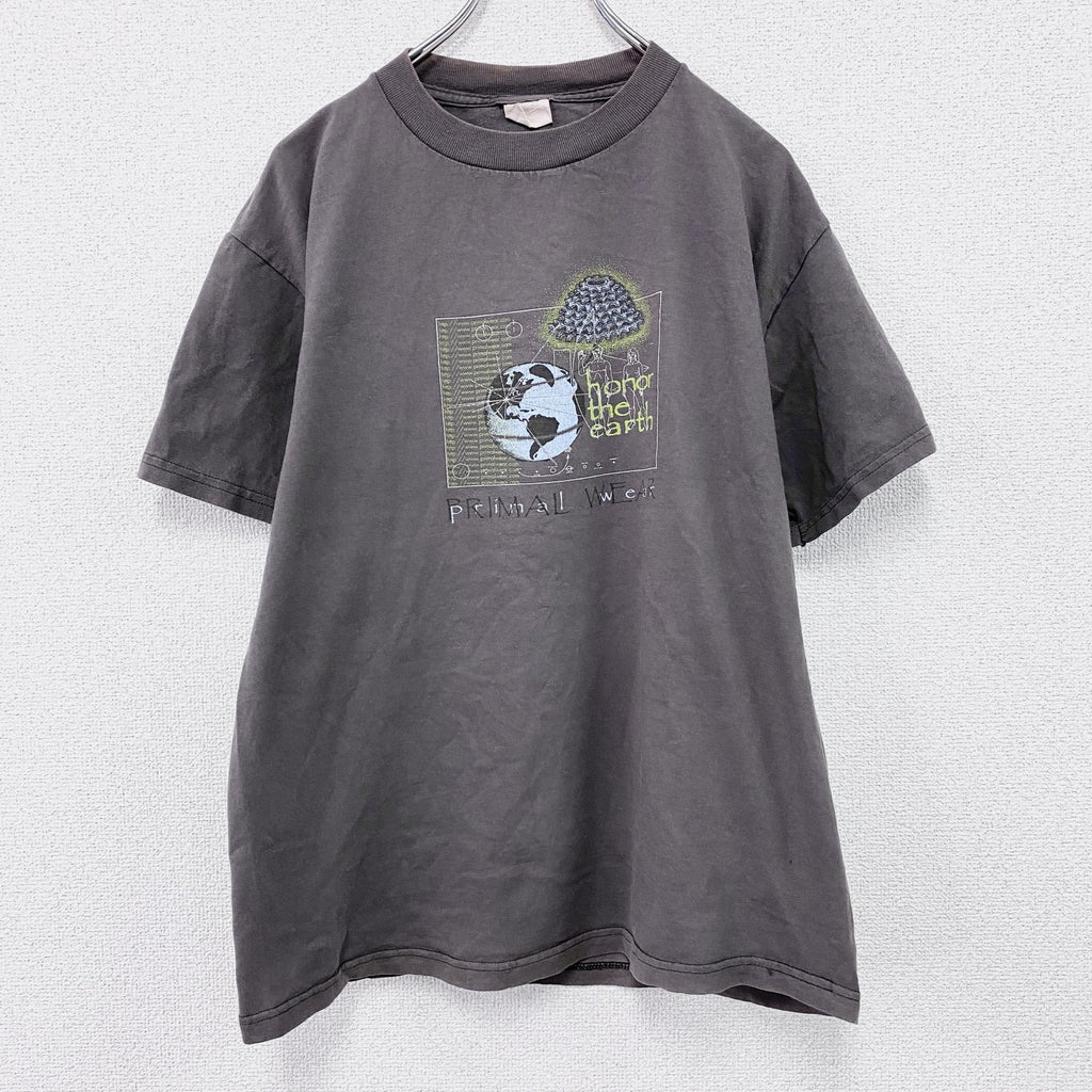 90s　PRIMAL WEAR　プライマルウェア　半袖プリントTシャツ　宇宙人　ヴィンテージ　茶色　ブラウン　