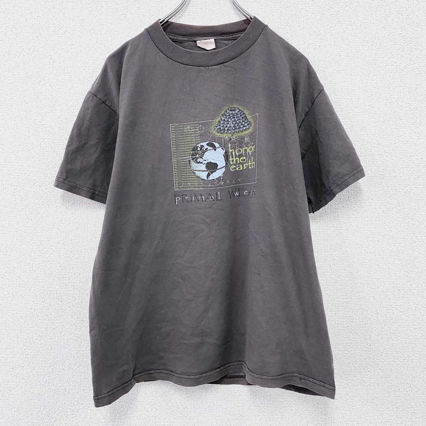 90s　PRIMAL WEAR　プライマルウェア　半袖プリントTシャツ　宇宙人　ヴィンテージ　茶色　ブラウン　