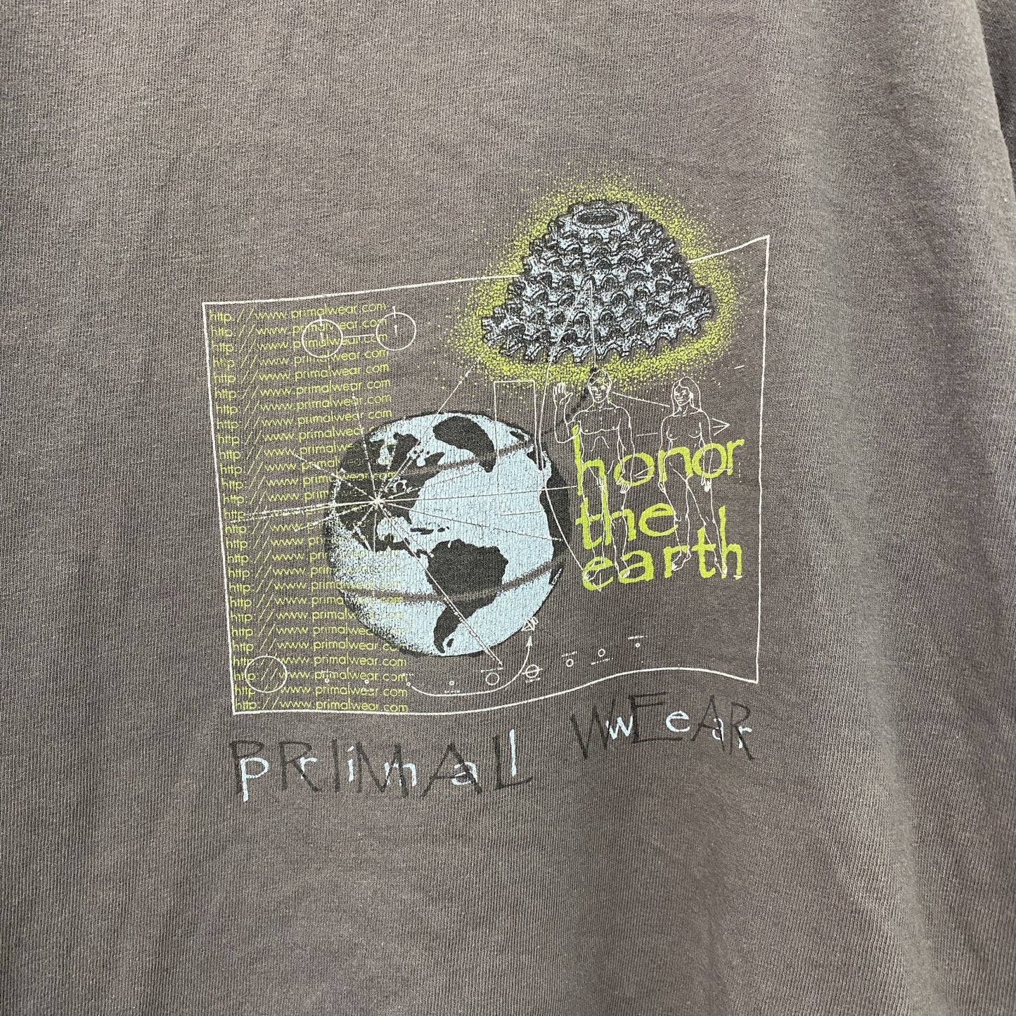 90s　PRIMAL WEAR　プライマルウェア　半袖プリントTシャツ　宇宙人　ヴィンテージ　茶色　ブラウン　