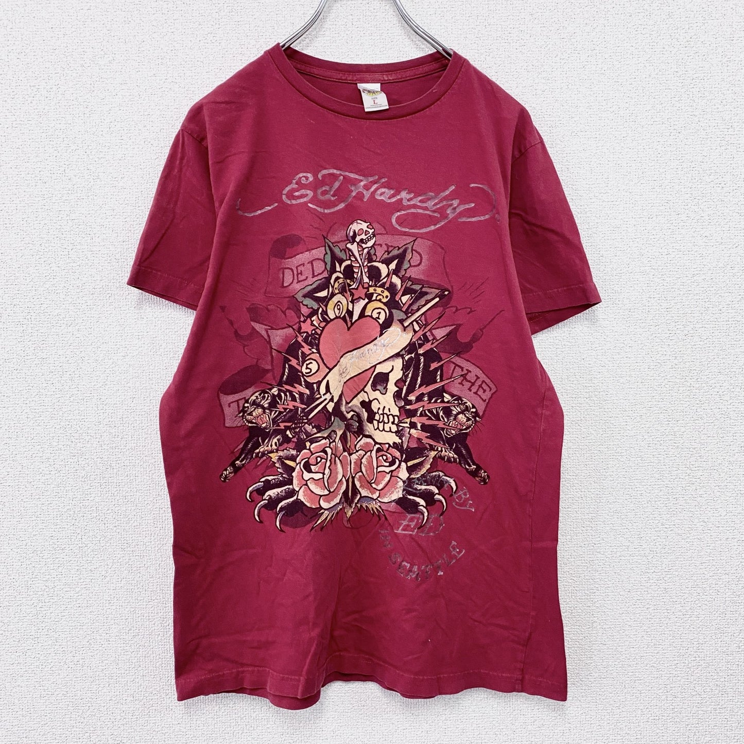 Ed Hardy　エドハーディ　半袖プリントTシャツ　タトゥーデザイン　赤　レッド　Lサイズ　