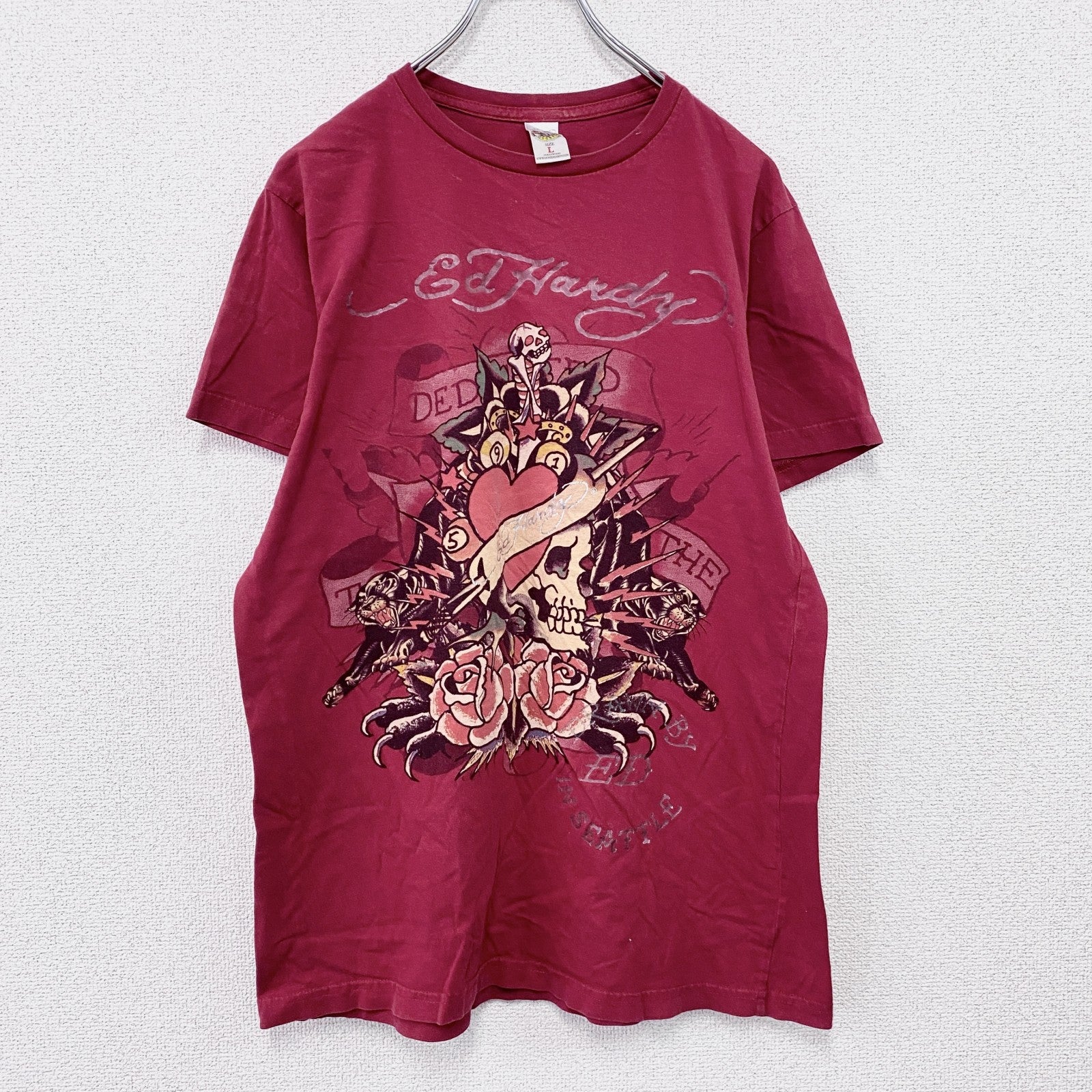 Ed Hardy　エドハーディ　半袖プリントTシャツ　タトゥーデザイン　赤　レッド　Lサイズ　