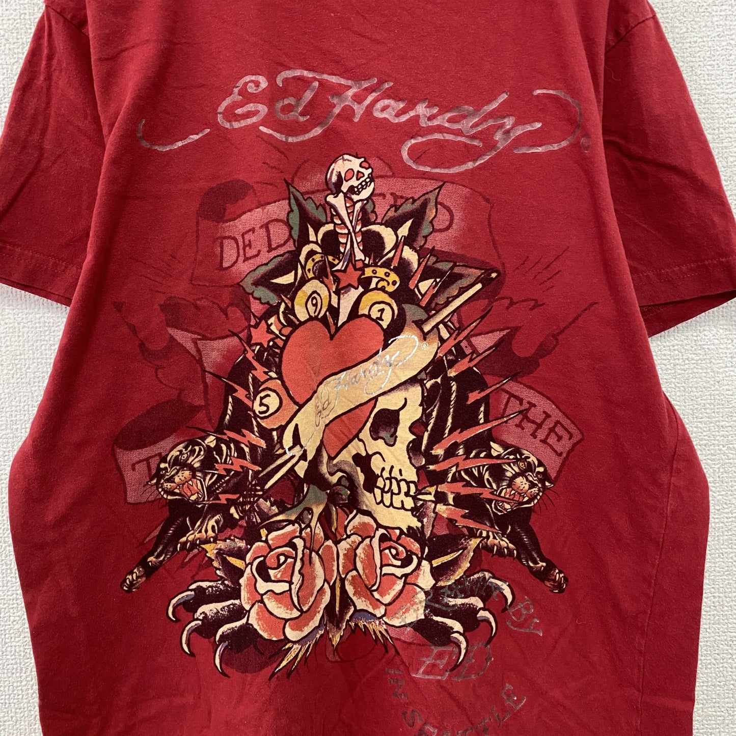 Ed Hardy　エドハーディ　半袖プリントTシャツ　タトゥーデザイン　赤　レッド　Lサイズ　