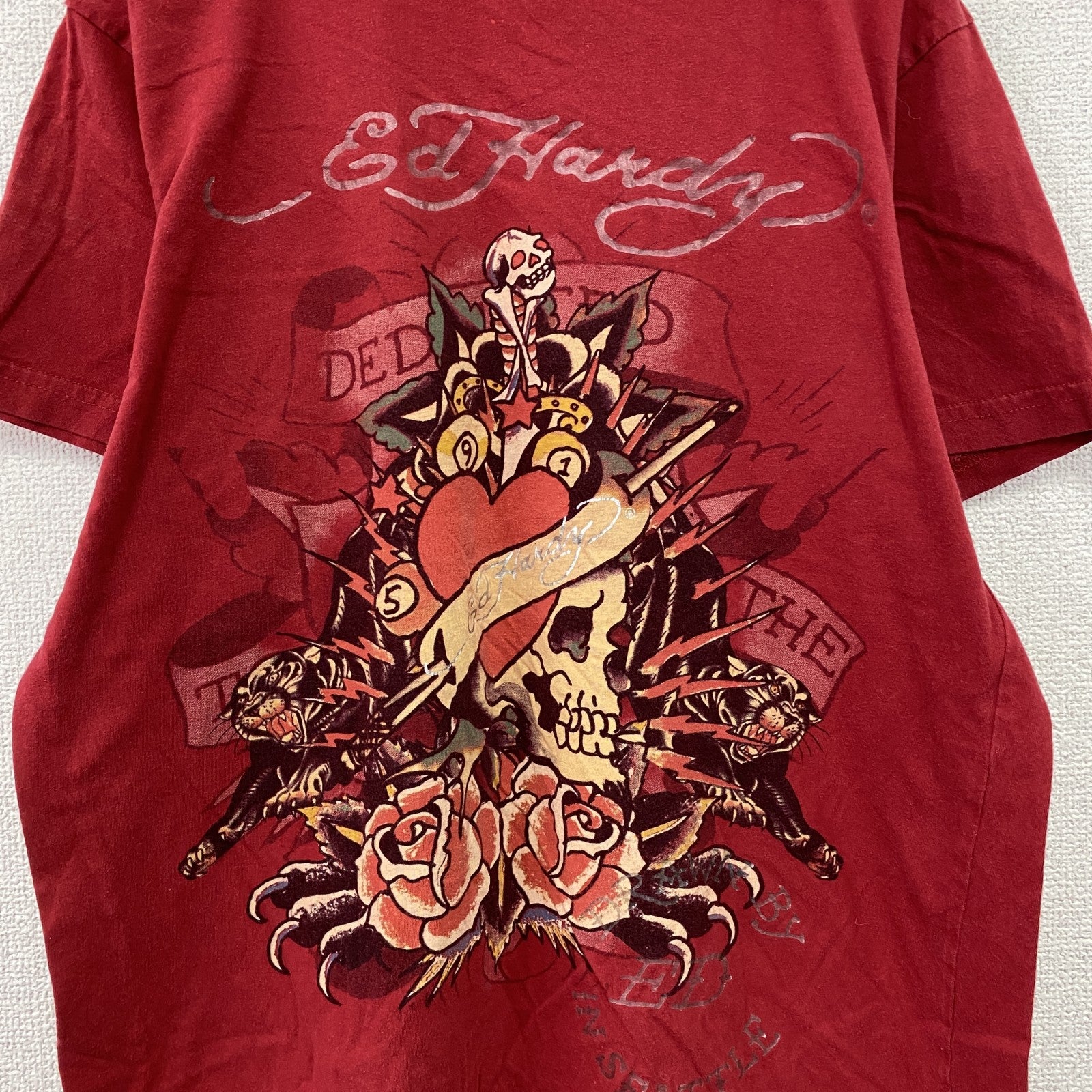 Ed Hardy　エドハーディ　半袖プリントTシャツ　タトゥーデザイン　赤　レッド　Lサイズ　