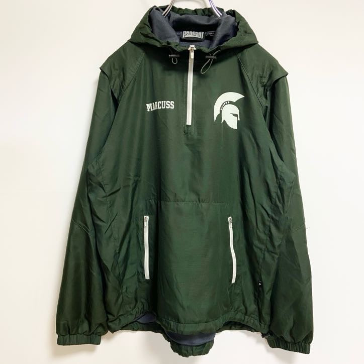 古着 used　PENNANT　長袖ハーフジップナイロンプルオーバー　パーカー　プルオーバー　ロゴプリント　緑　XSサイズ