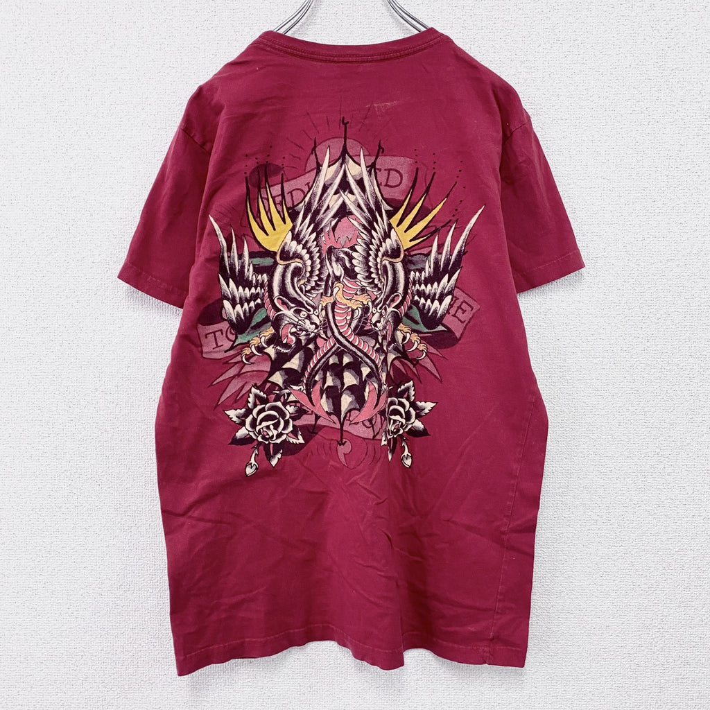 Ed Hardy　エドハーディ　半袖プリントTシャツ　タトゥーデザイン　赤　レッド　Lサイズ　