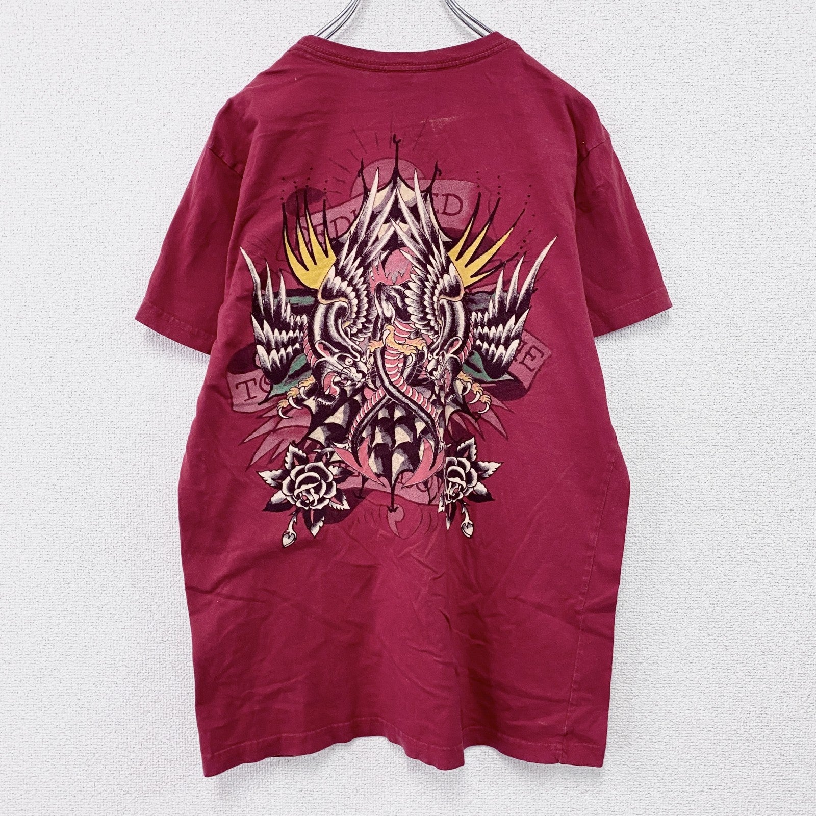 Ed Hardy　エドハーディ　半袖プリントTシャツ　タトゥーデザイン　赤　レッド　Lサイズ　