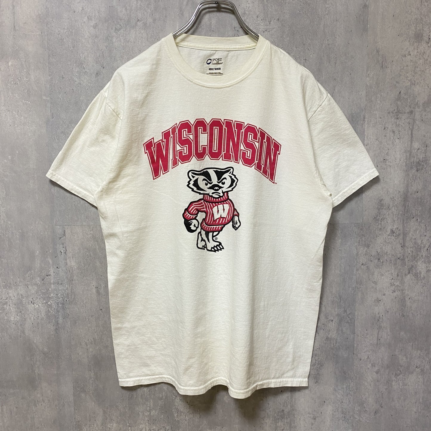 古着 used　WISCONSIN　半袖カレッジプリントTシャツ　白T　ホワイト　レトロ　デザイン　個性的　クルーネック　Mサイズ