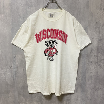 古着 used　WISCONSIN　半袖カレッジプリントTシャツ　白T　ホワイト　レトロ　デザイン　個性的　クルーネック　Mサイズ