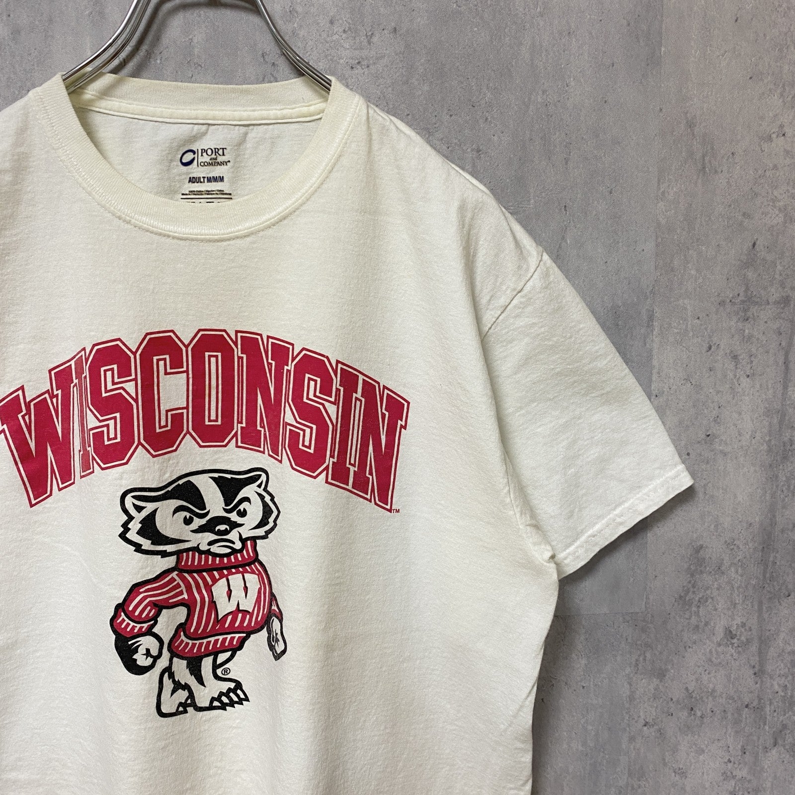 古着 used　WISCONSIN　半袖カレッジプリントTシャツ　白T　ホワイト　レトロ　デザイン　個性的　クルーネック　Mサイズ