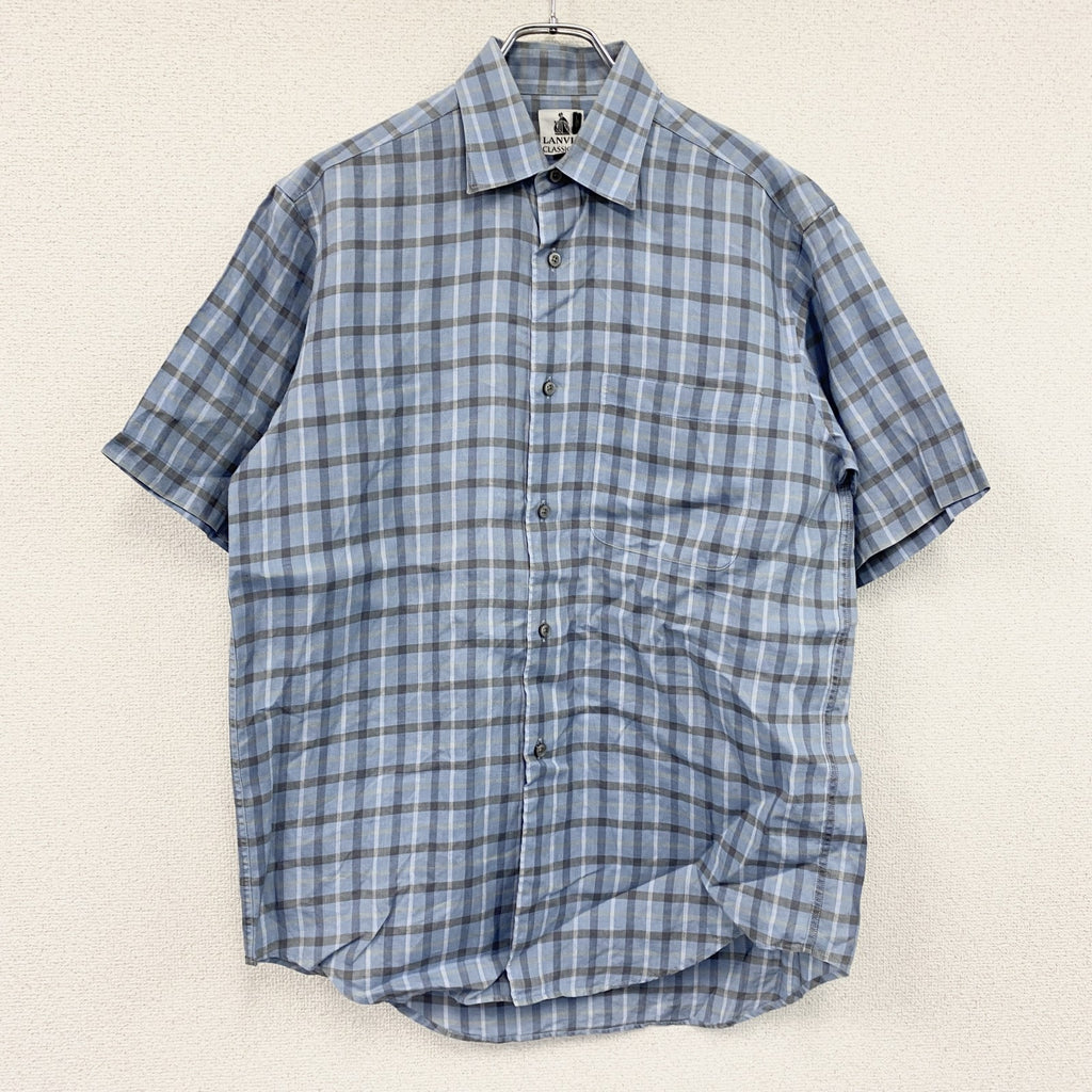 LANVIN CLASSIQUE　ランバン　半袖チェックシャツ　胸ポケット　水色　ライトブルー　Mサイズ