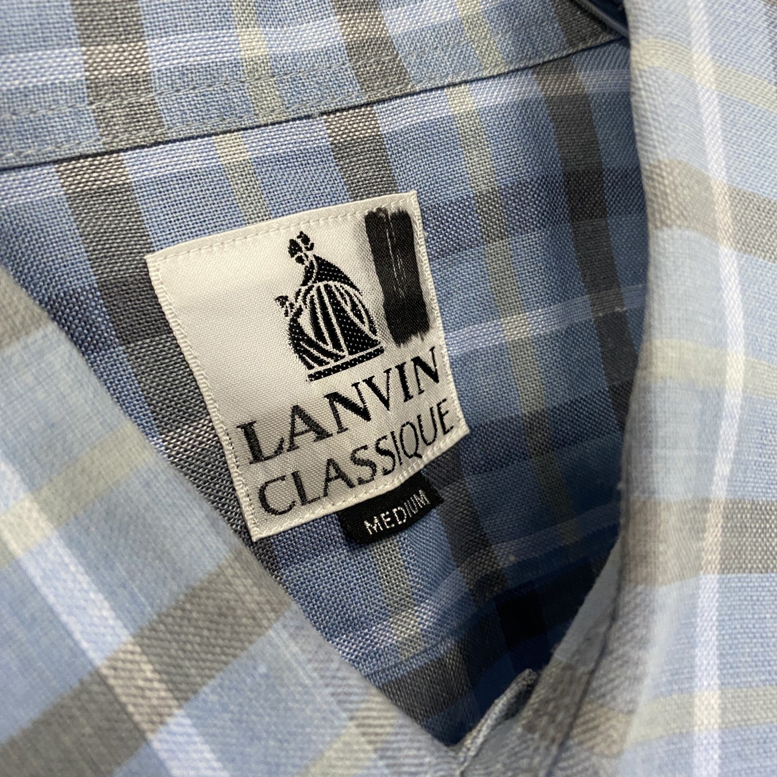 LANVIN CLASSIQUE　ランバン　半袖チェックシャツ　胸ポケット　水色　ライトブルー　Mサイズ