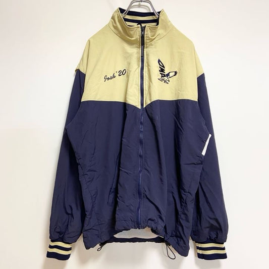古着 used　USA製　 BOATHOUSE　長袖ハイネック刺繍ナイロンジャケット　バックプリント　ネイビー　黄色　Lサイズ