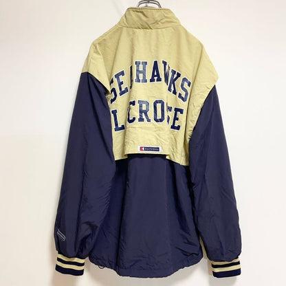 古着 used　USA製　 BOATHOUSE　長袖ハイネック刺繍ナイロンジャケット　バックプリント　ネイビー　黄色　Lサイズ