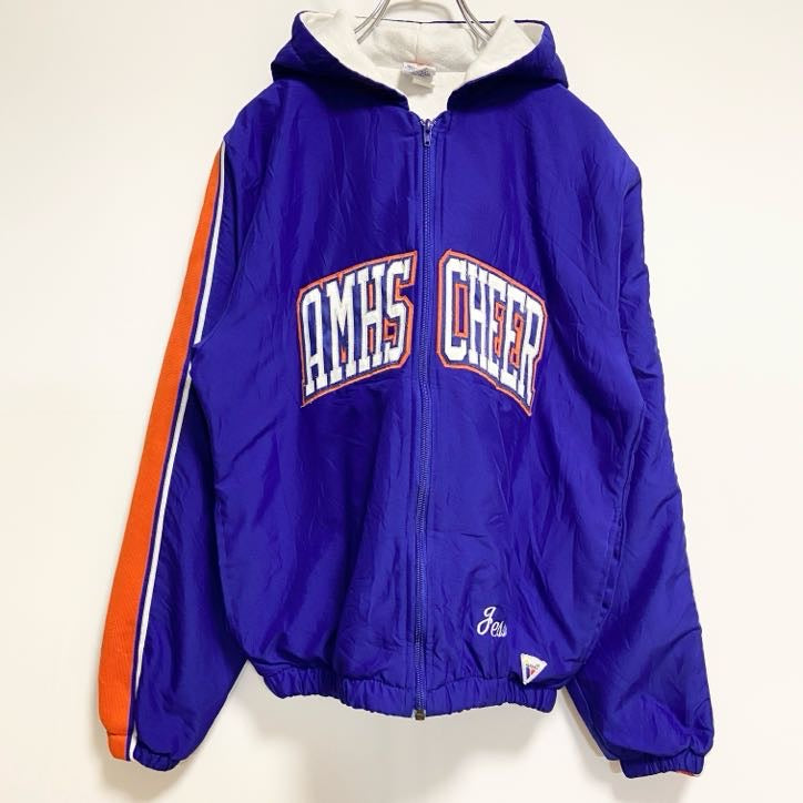 古着 used　90s　USA製　VARSITY　長袖ジップアップナイロンジャケット　ワッペン刺繍　青　ヴィンテージ　Sサイズ